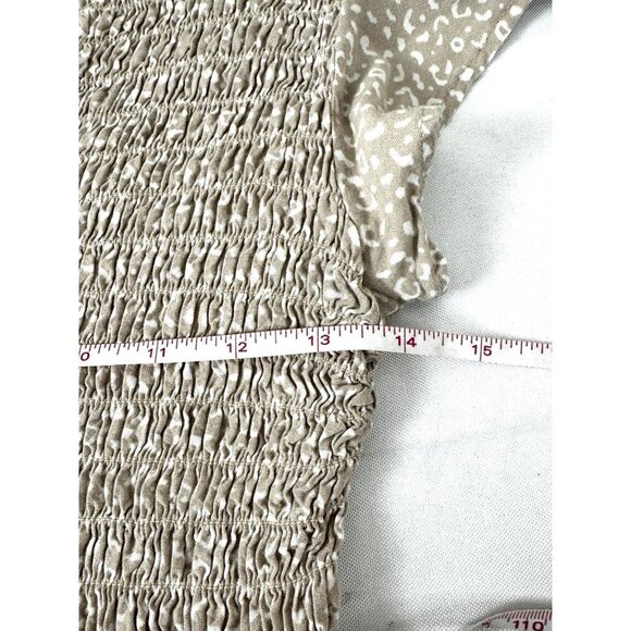 Animal Print Peplum Blouse S Smocked Neutral Flutter Sleeve Boho Soft Aesthetic - Picture 5 of 8